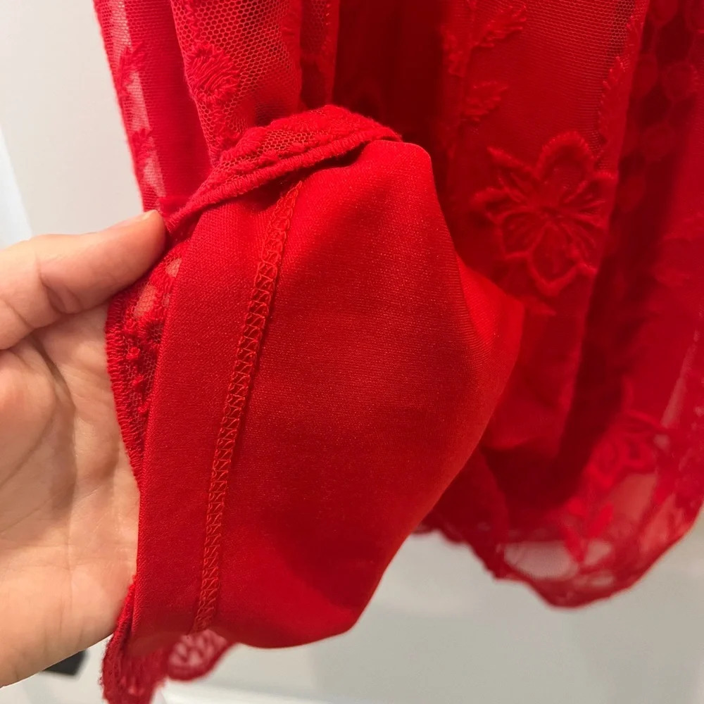 Altar'd State Red Floral Mini High Neck Shift Dress Flowy Lace Sexy Red Short - Picture 7 of 8